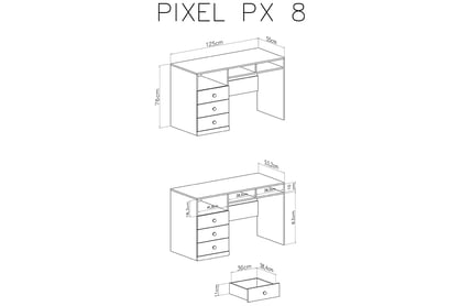 Psací stůl Pixel 8 - dub piškotový / bílý lux / šedá Psací stůl do mládež Pixel 8 - dub piškotový/Bílý lux/šedý - schemat