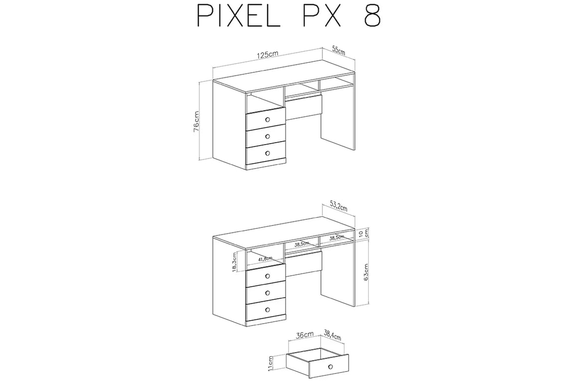 Psací stůl Pixel 8 - dub piškotový / bílý lux / šedá Psací stůl do mládež Pixel 8 - dub piškotový/Bílý lux/šedý - schemat