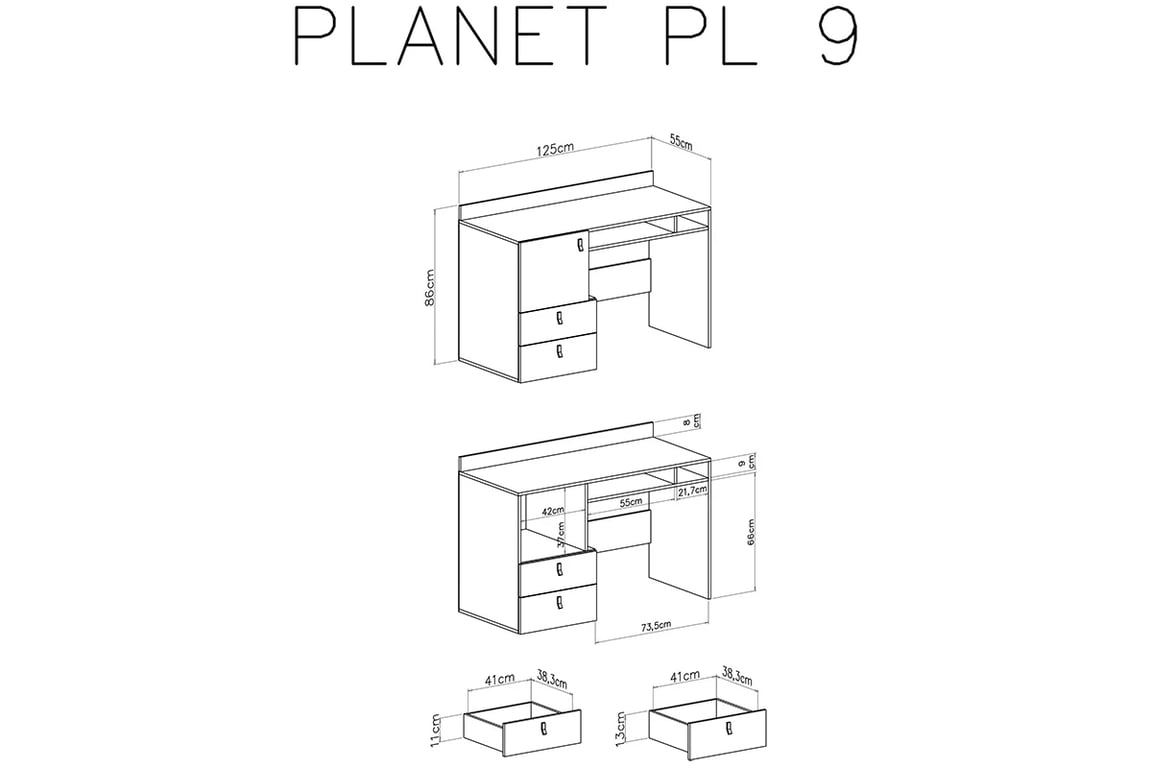 Psací stůl Planet 9 - 125 cm - bílá lux / dub / mořská Psací stůl do mládež Planet 9 - Bílý lux / Dub / Mořský - schemat