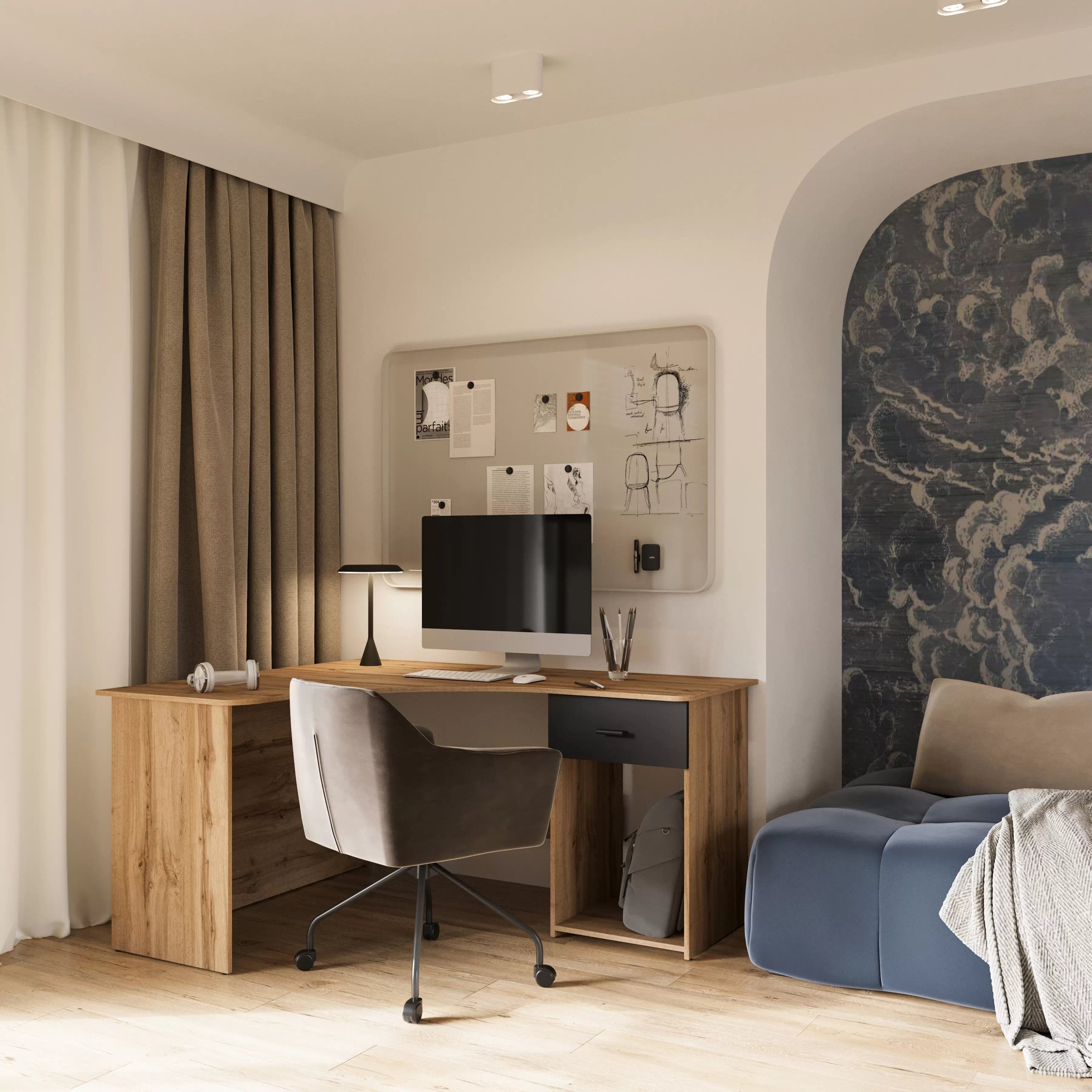 Rohový písací stôl Corner so zásuvkou a otvorenou policou - Dub wotan / onyx Čierny Písací stôl narozne Corner z szuflada i wneka 155x125 cm - Dub wotan / onyx Čierny