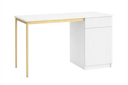 Biely písací stôl Nicole 120 cm s jednými dverami a zásuvkou - matný biely / zlaté nohy