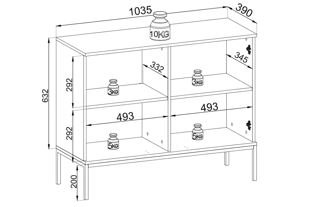 Dvoudveřová komoda Bogalo s frézovanými čely a LED osvětlením - černý / dub wotan Komoda dwudrzwowa Bogalo s frézovanými frontem a osvětlením LED - Černý /  Dub wotan - Rozměry