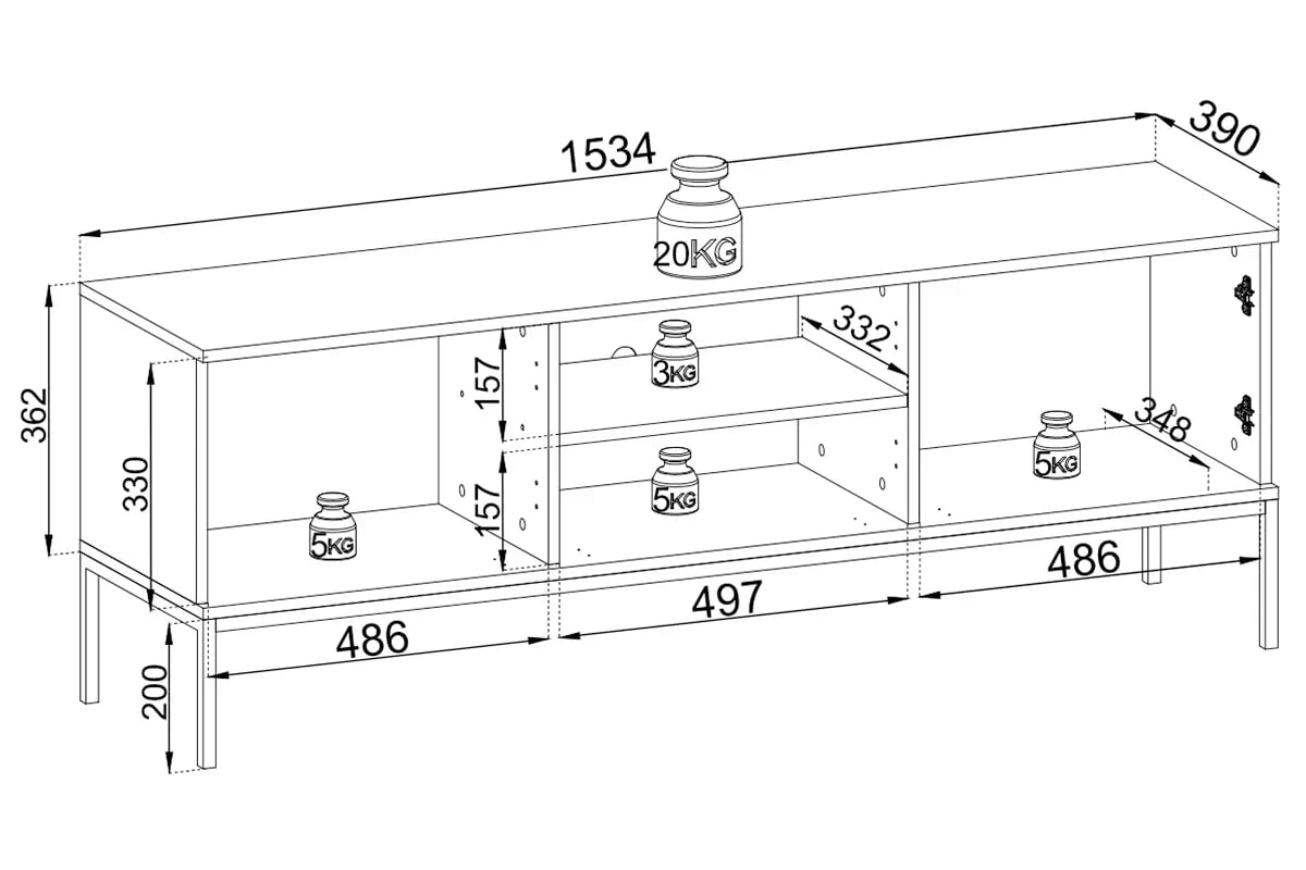 TV stolík Bogalo s LED osvetlením - čierna / dub wotan TV skrinka Bogalo s frézovaným frontom i oswietleniem LED - Čierny / Dub wotan - Rozmery