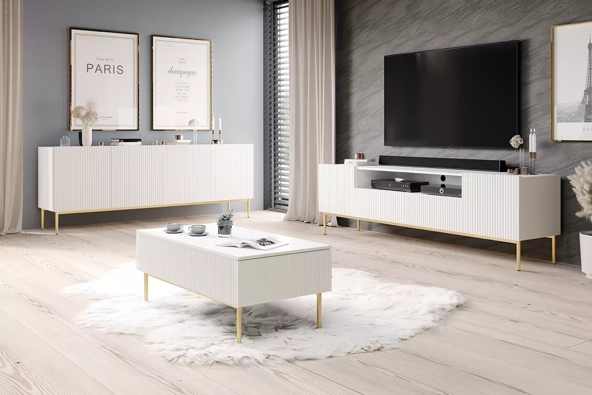 TV stolík Nicole 200 cm s otvorenou policou a zásuvkami - biely mat / zlaté nohy TV Nicole .