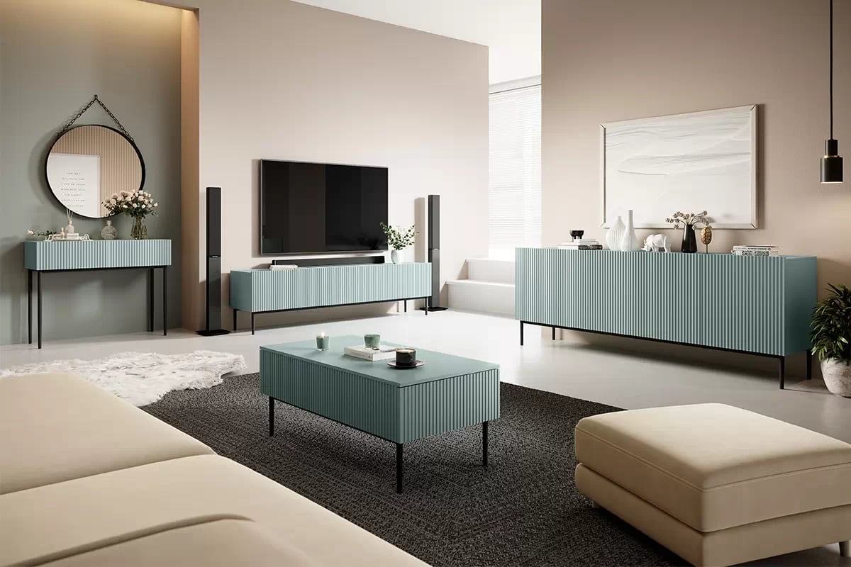 Komoda Nicole 200 cm s frézovaným čelem - šalvěj / černé nožky Komoda pro ložnice