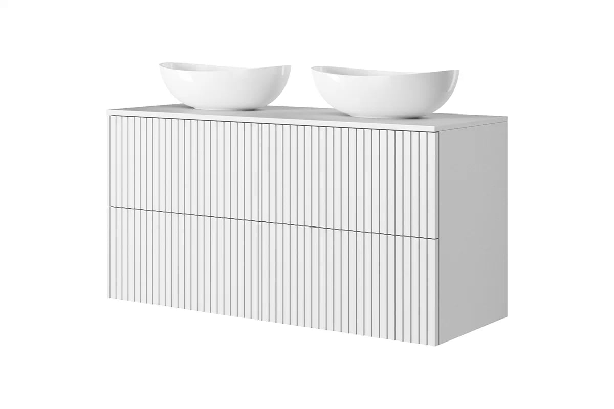 Koupelnová pracovní deska Nicole 120 cm - bílý mat Deska Nicole 120 cm - Bílý mat MDF -  umywalkami nablatowymi a skříňkami wiszacymi bialymi