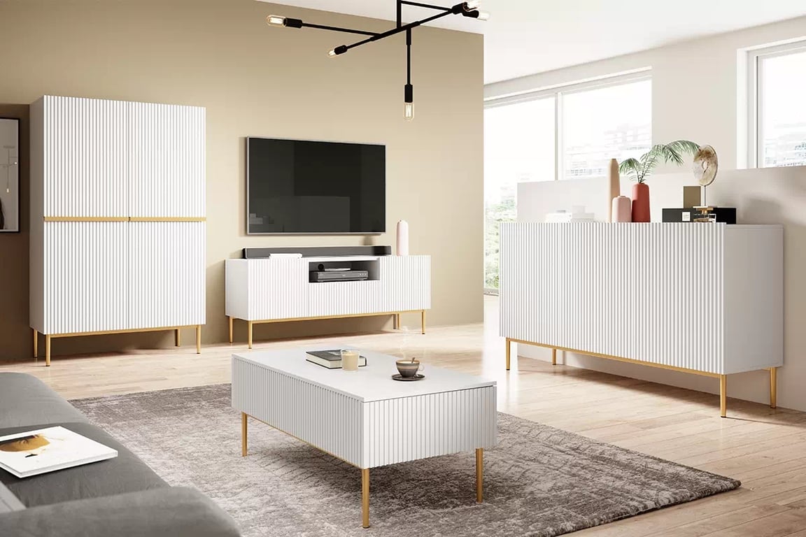 TV stolík Nicole 150 cm s otvorenou policou - biely mat / zlaté nožičky TV skrinka Nicole 150 cm s výklenkom - biely mat / zlaté nožičky - vizualizácia 2