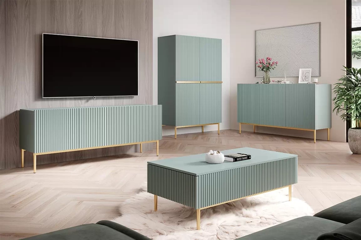 Komoda Nicole 150 cm s frézovaným čelem - šalvěj / zlaté nožky Komoda Nicole 150 cm - šalvěj MDF / zlaté nožičky - aranžace 2