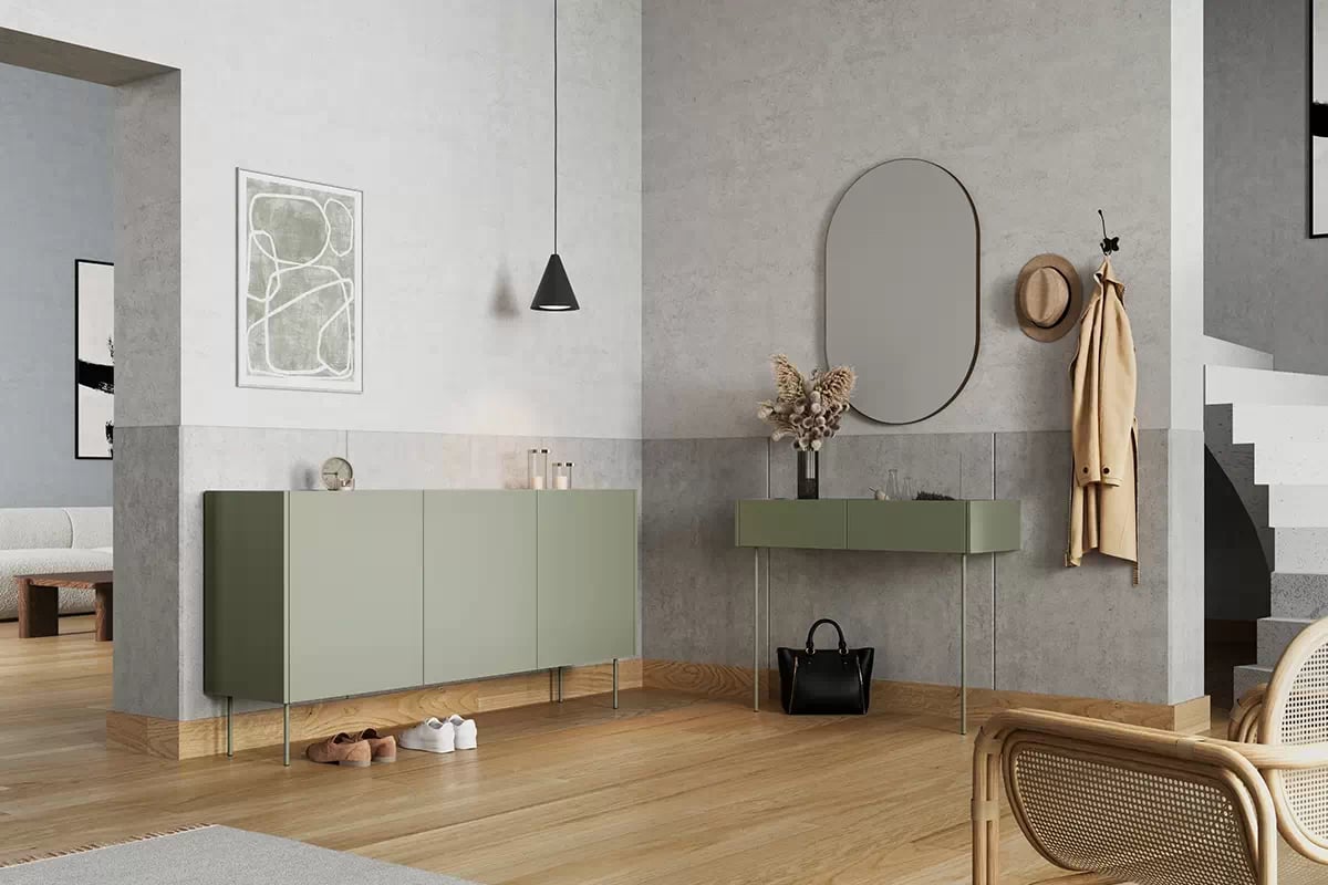 Komoda Desin 170 cm se čtyřmi skrytými zásuvkami - olivová / dub nagano Komoda třídveřová z 4 ukrytymi zásuvkami Desin 170 cm - Oliva / Dub nagano - aranzacja 2