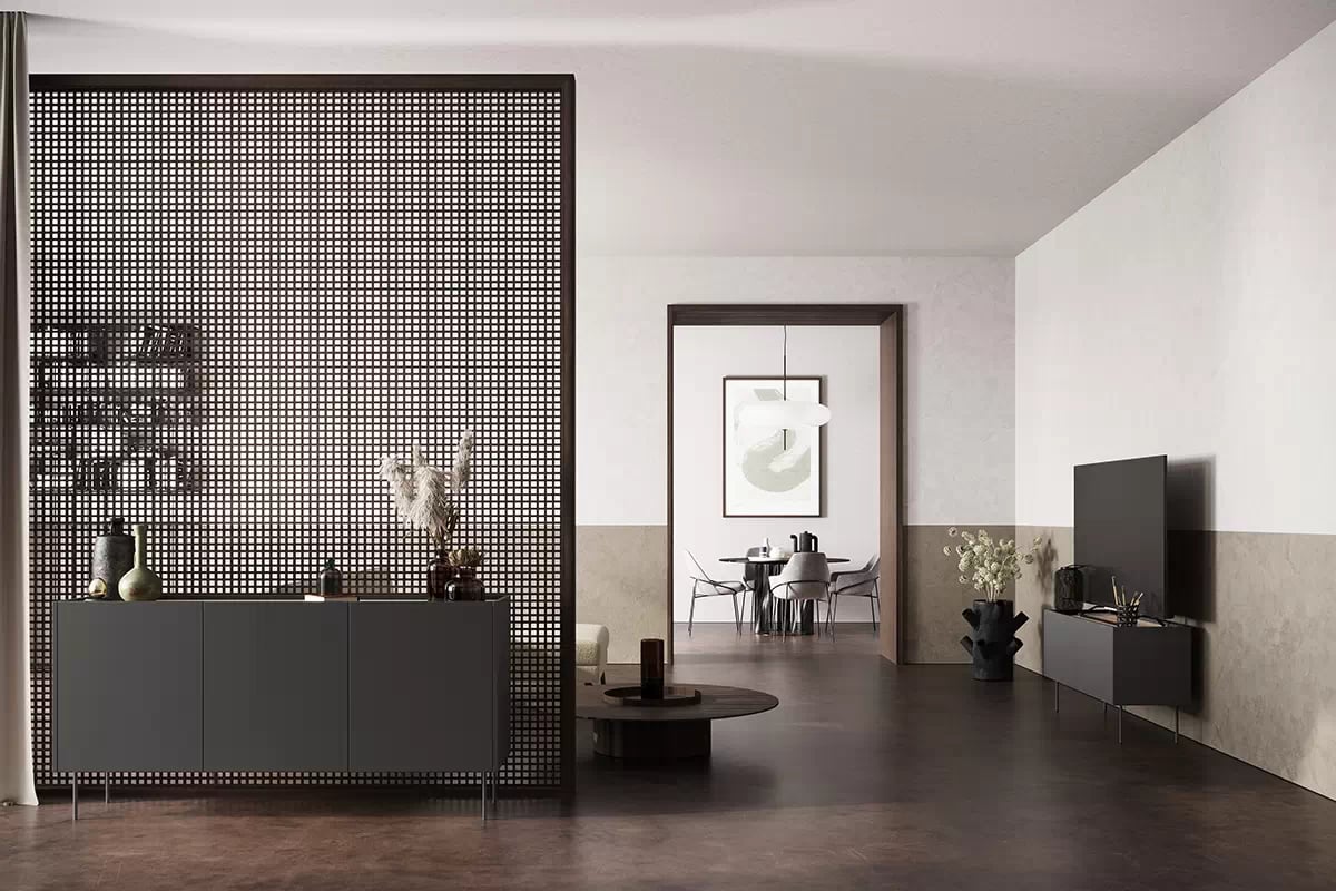 TV stolík Desin 120 cm s kovovými nohami - čierny mat / dub nagano TV skrinka dvojdverová Desin 120 cm - Čierny mat / Dub nagano - vizualizácia 1