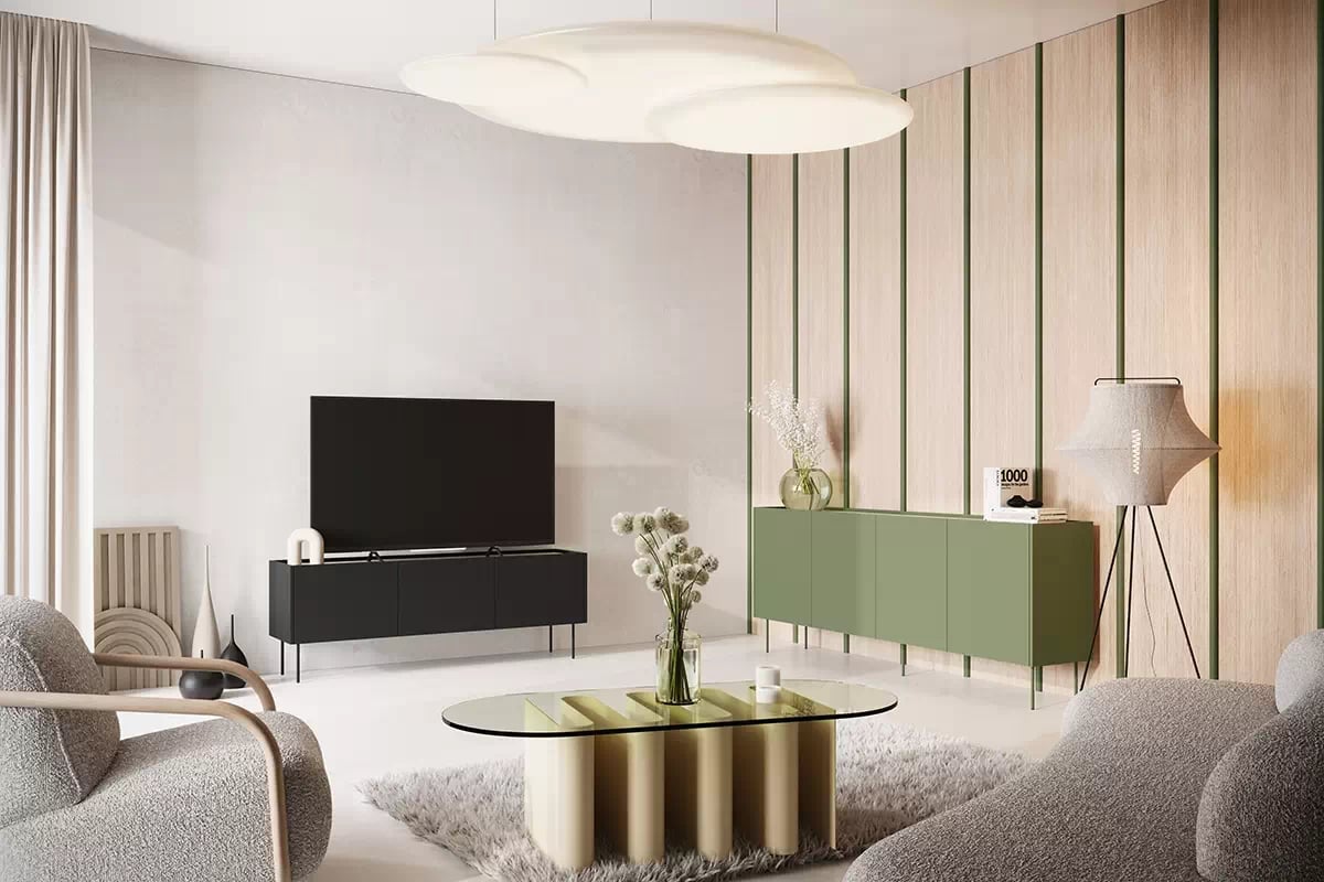 TV stolík Desin 170 cm s 2 skrytými zásuvkami - čierny mat / dub nagano TV skrinka trojdverová z 2 ukrytymi zásuvkami Desin 170 cm - Čierny mat / Dub nagano - vizualizácia 1