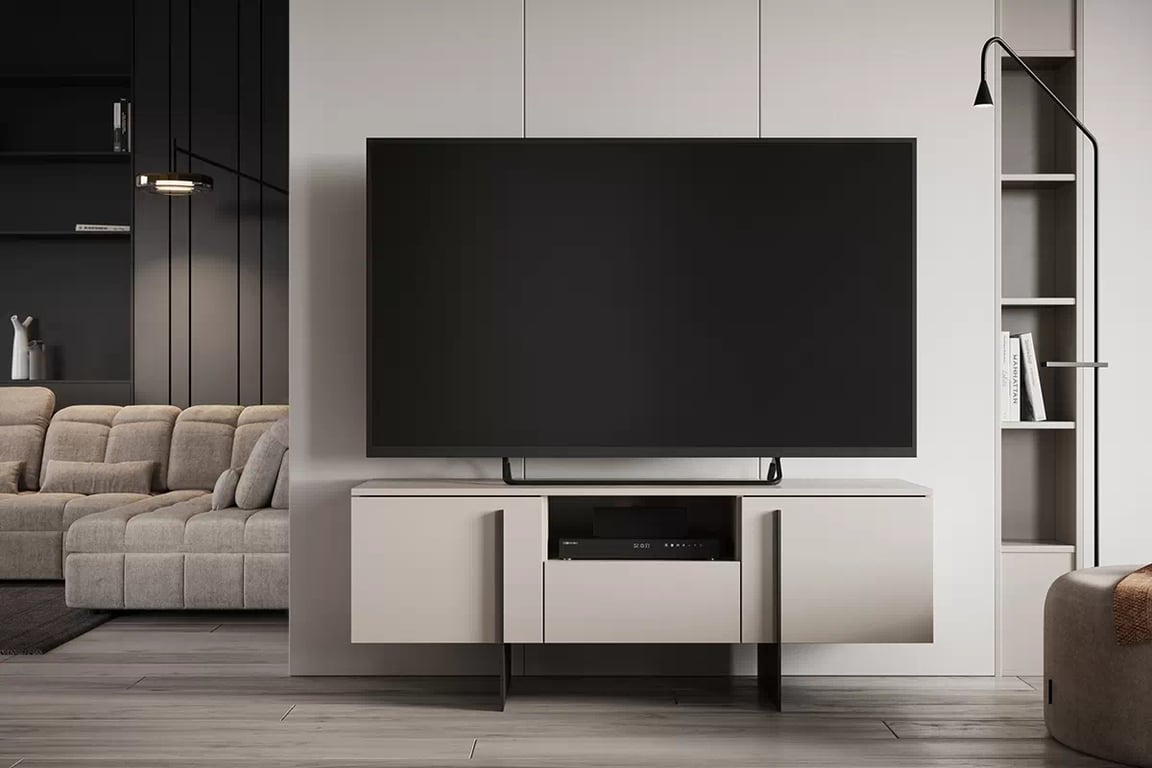 TV stolek Larena 150 cm se zásuvkou - kašmír / černé nožky kaszmirowa Skříňka rtv na nogach