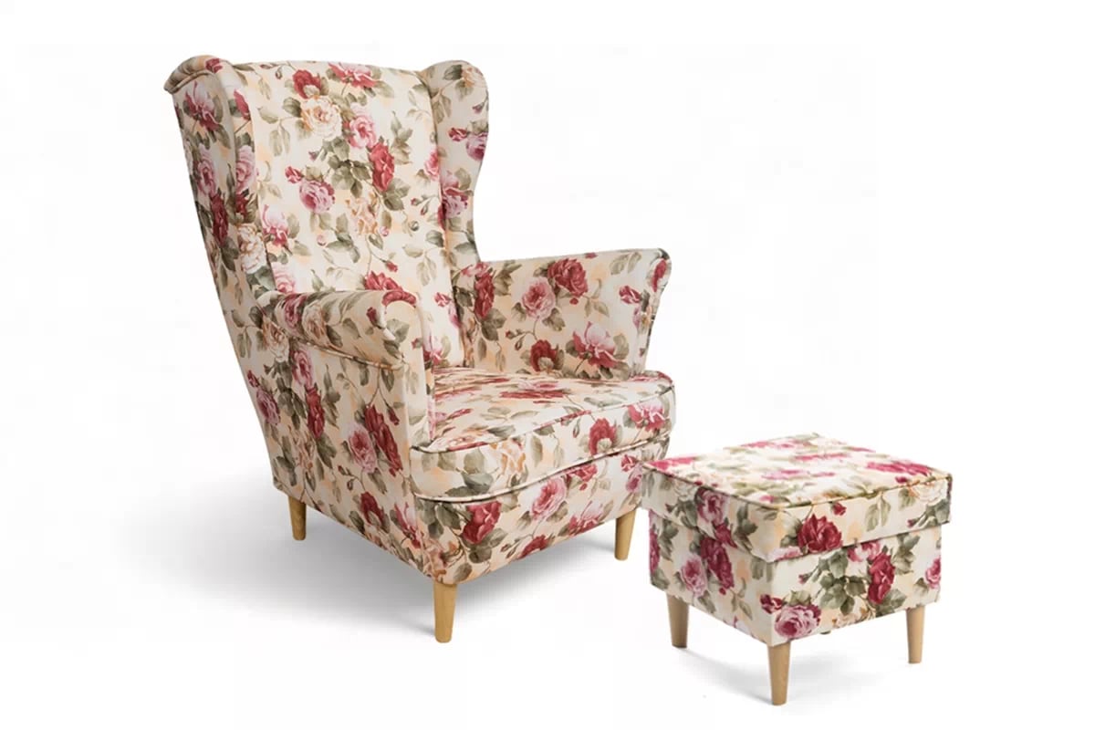 Kreslo Ušiak Vilano s taburetkou - kvetinový vzor Coral Wm-82 / drevené nožičky Kreslo Ušiak Vilano z podnozkiem - kvetinový vzor/ nozki prírodné