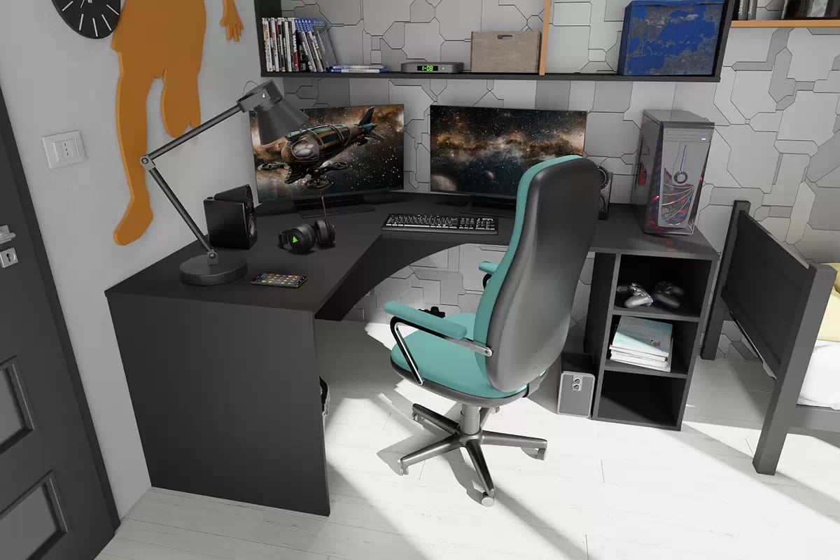 Rohový PC stôl Kerbi 135 cm ľavá - čierna Písací stôl gamingowe narozne lewe Kerbi 135 cm - Čierny 