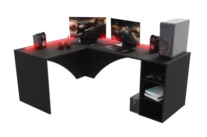 Birou de scris gaming colț stânga Kerbi 135 cm cu bandă LED - negru