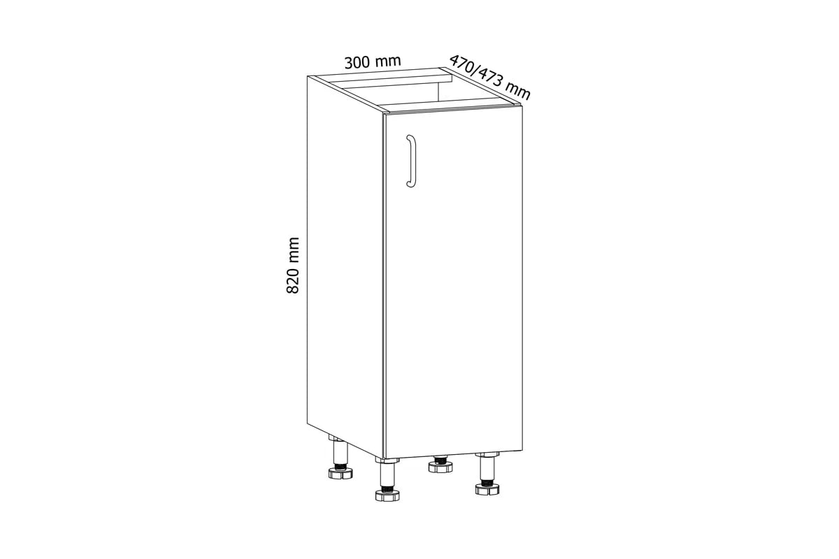 Spodní kuchyňská skříňka Aspen D30 jednodveřová – bílý lesk Skříňka kuchyňská spodní jednodveřová Aspen D30 - Rozměry