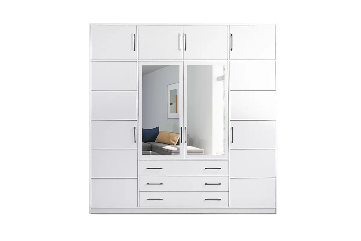 Kombinovaná skriňa Bali 240 cm s nadstavcom - biela Skriňa štvordverová z nadstawka i z zrkadlom Bali D4 240 cm - Biela - Predná časť