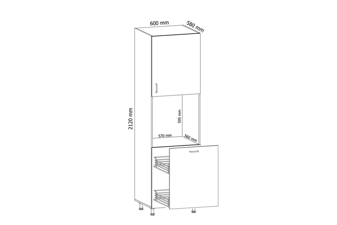 Skříňka Aspen D60P pod vestavnou troubu se zásuvkou cargo - bílý lesk regál kuchenny pod zabudowe piekarnika s košem cargo Aspen D60P - Rozměry