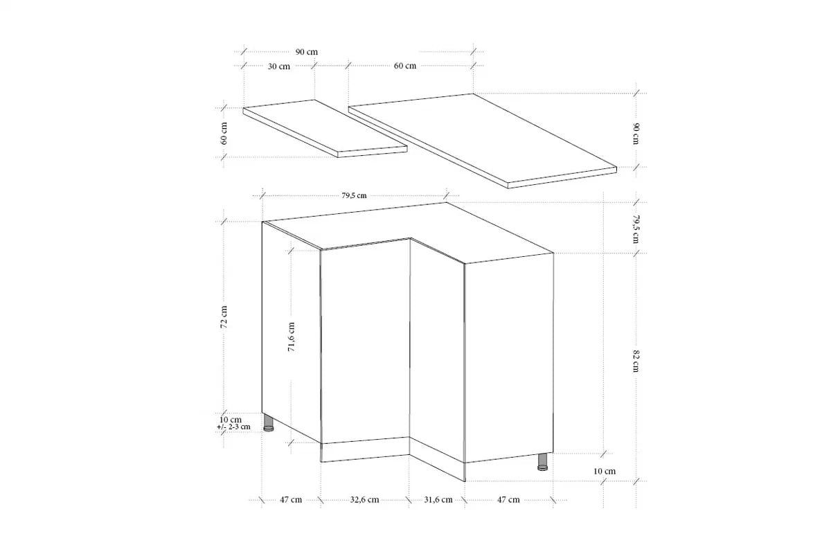 Dolní kuchyňská skříňka Aspen D90N rohová dvoudveřová – šedý lesk Skříňka kuchyňská spodní rohová Aspen D90N - Rozměry 