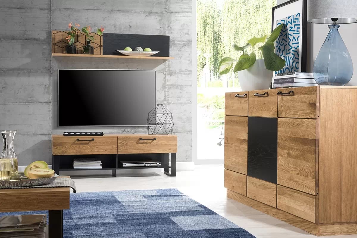 Vitrína Velvet 12 drevená Komoda Mosaic 45 trojdverová 150 cm - Dub medový / Čierny mat