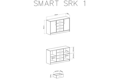 Komoda Smart SRK1 140 cm velká Komoda dvoudveřová se čtyřmi zásuvkami Smart SRK1 - Bílý lux / Dub sonoma - schemat