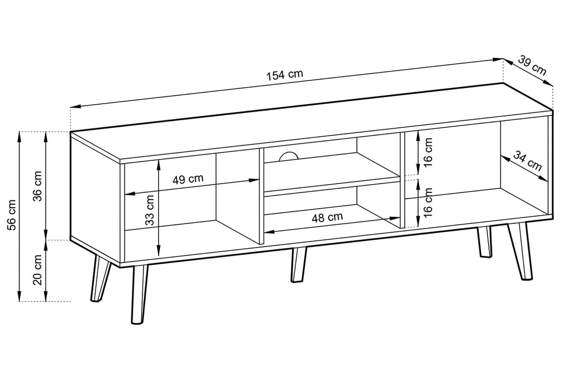 TV stolek Elemoz 154 cm s frézovaným čelem a výklenky - černý / dub artisan Skříňka RTV Elemoz 154 cm s frézovanými frontem i wnekami - Černý / artisan - Rozměry