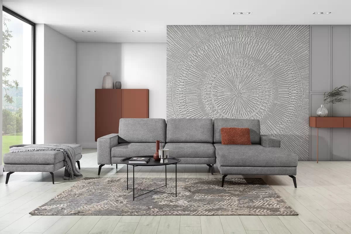 Rohová rozkladacia sedacia súprava Elentio Mini Pravá - sivá tkanina Gemma 85 Rohová sedacia súprava Elentio Mini vizualizácia