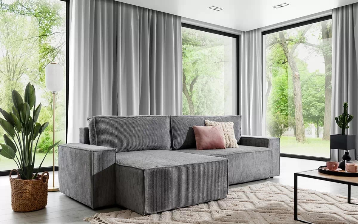 Rohová rozkladacia sedacia súprava Flabio Mini šedý Rohová sedacia súprava w sztruksowej tkaninie do nowoczesnego salonu 