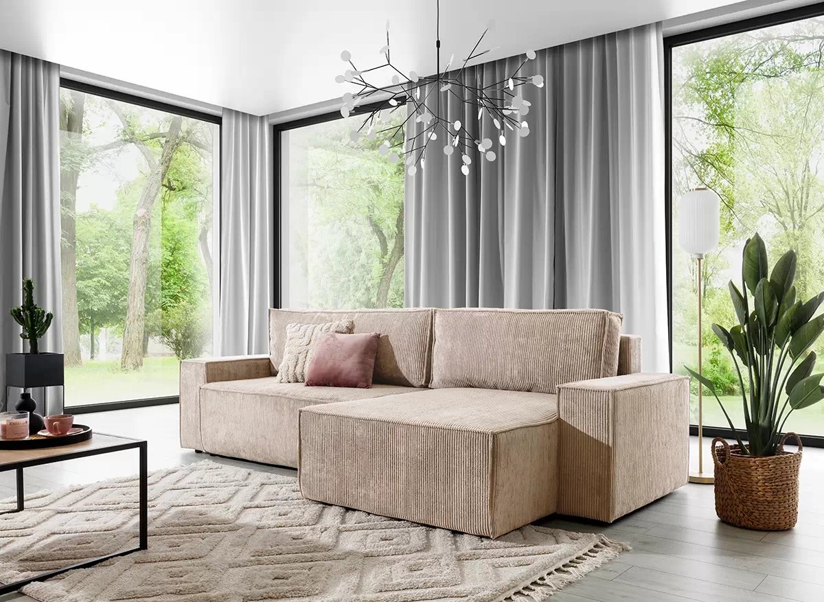 Rozkládací rohová sedací souprava Flabio Mini pravá - béžová Lincoln 03 Rohová sedací souprava Flabio Mini