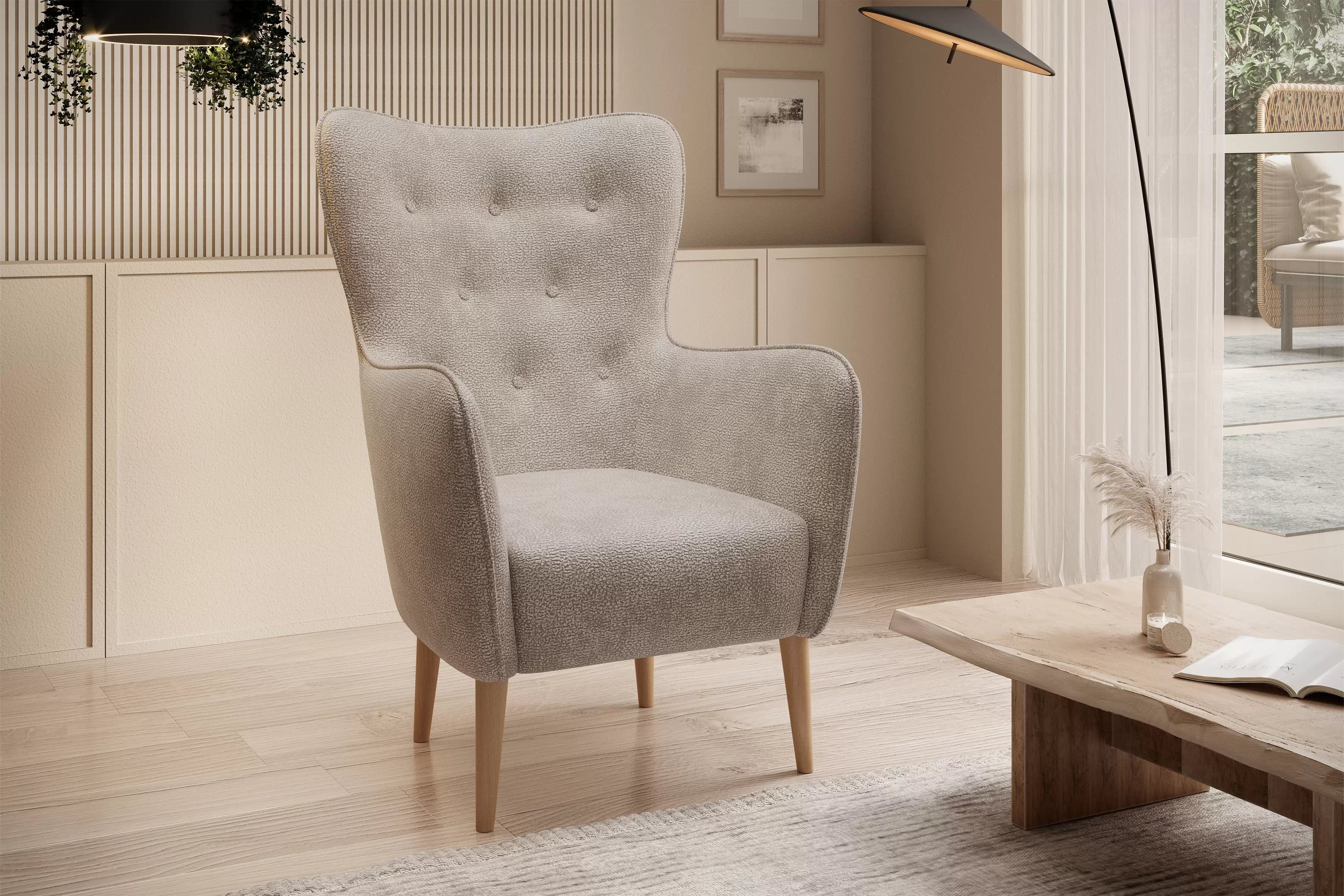 Kreslo Ušiak Elira - béžový Perfect Harmony 07 / buk Kreslo Ušiak Elira z wysokimi nozkami - béžový šenil Perfect Harmony 07 / nožičky buk