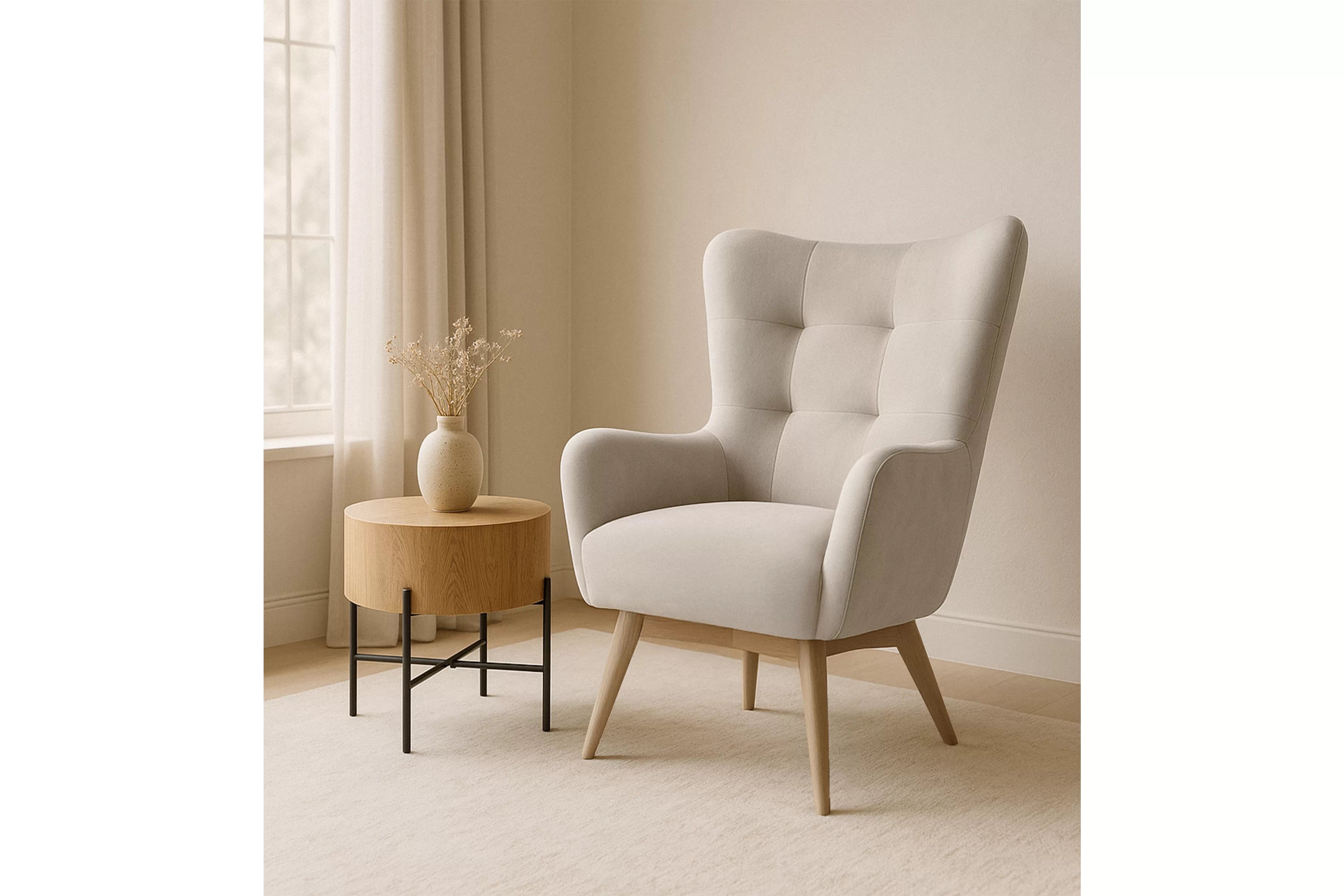 Kreslo ušiak Nordic – béžový ľahkočistiaci welvet Cloud 03 / nožičky buk Kreslo Ušiak Škandinávsky Nordic - béžový zamat ľahkočistiaci Cloud 03 / buk 