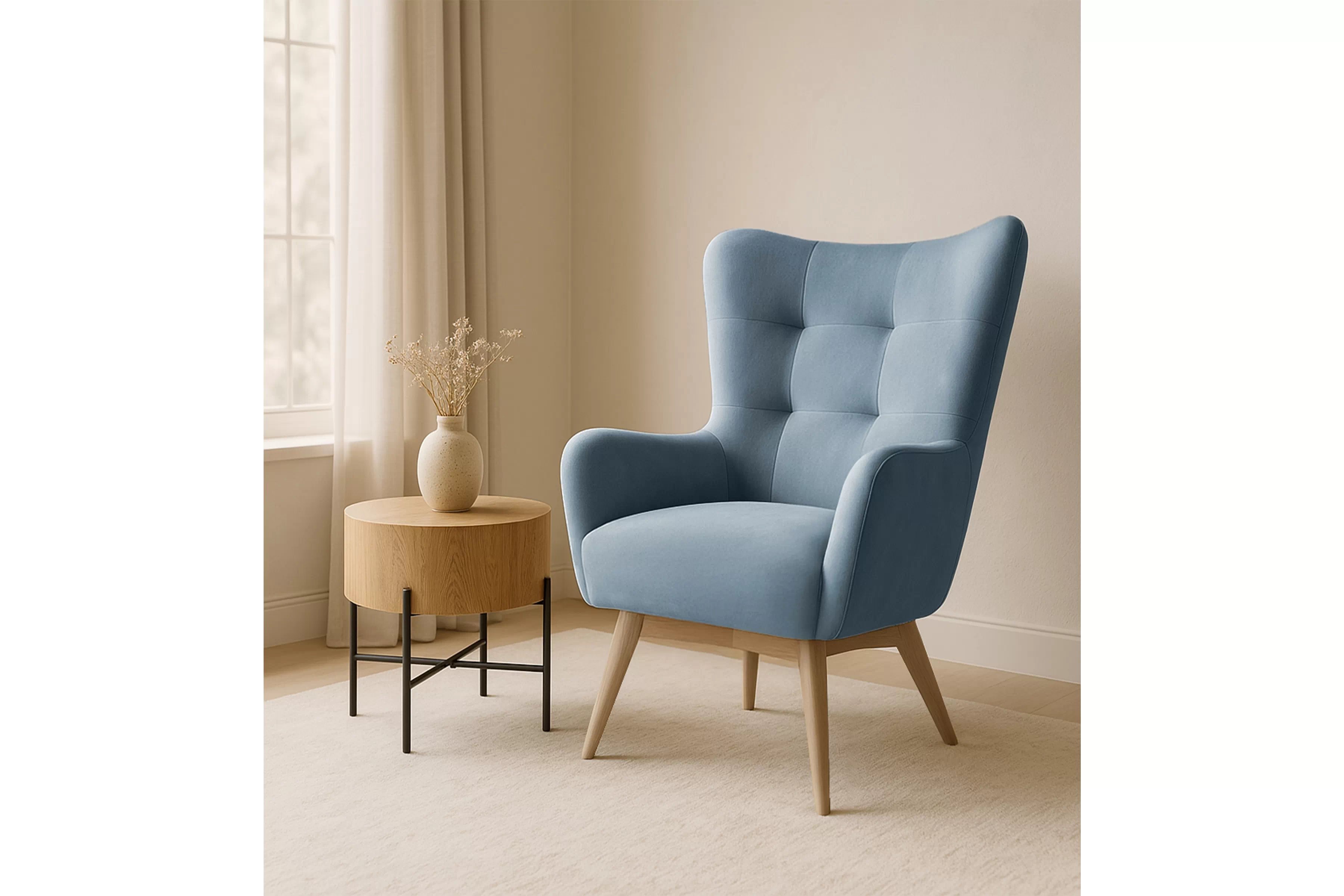 Křeslo Ušák Nordic - modrá látka Cloud 70 / nožky buk Křeslo Ušák Skandynawski Nordic - modrá welwet latwoczyszczacy Cloud 70 / buk 