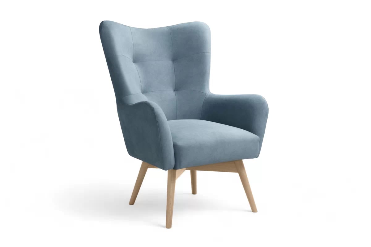 Křeslo Ušák Nordic - modrá látka Cloud 70 / nožky buk Křeslo Ušák Skandynawski Nordic - modrá welwet snadno čistitelný Cloud 70 / buk 