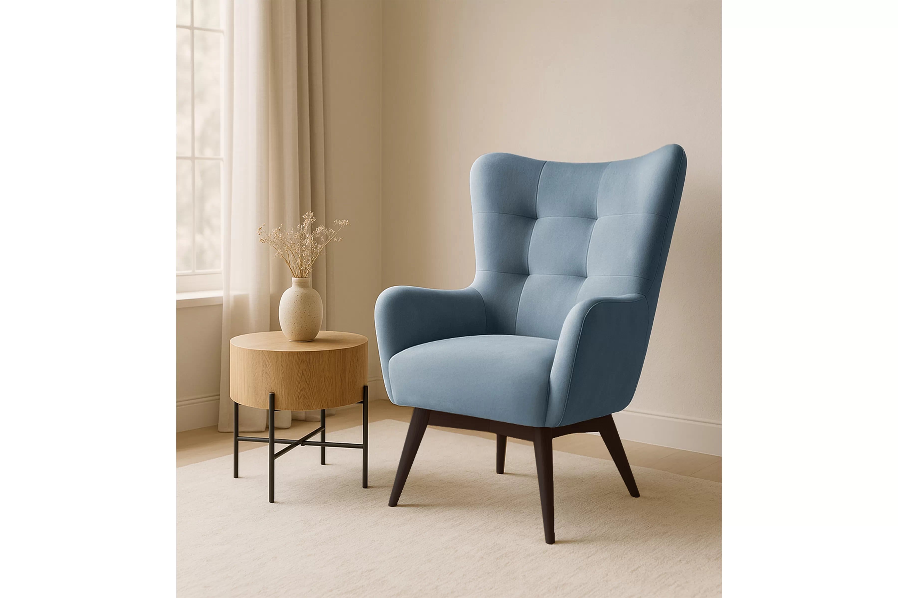 Kreslo ušiak Nordic – modrý ľahkočistiaci welvet Cloud 70 / nožičky venge Kreslo Ušiak Škandinávsky Nordic - Modrý zamat ľahkočistiaci Cloud 70 / Venge 