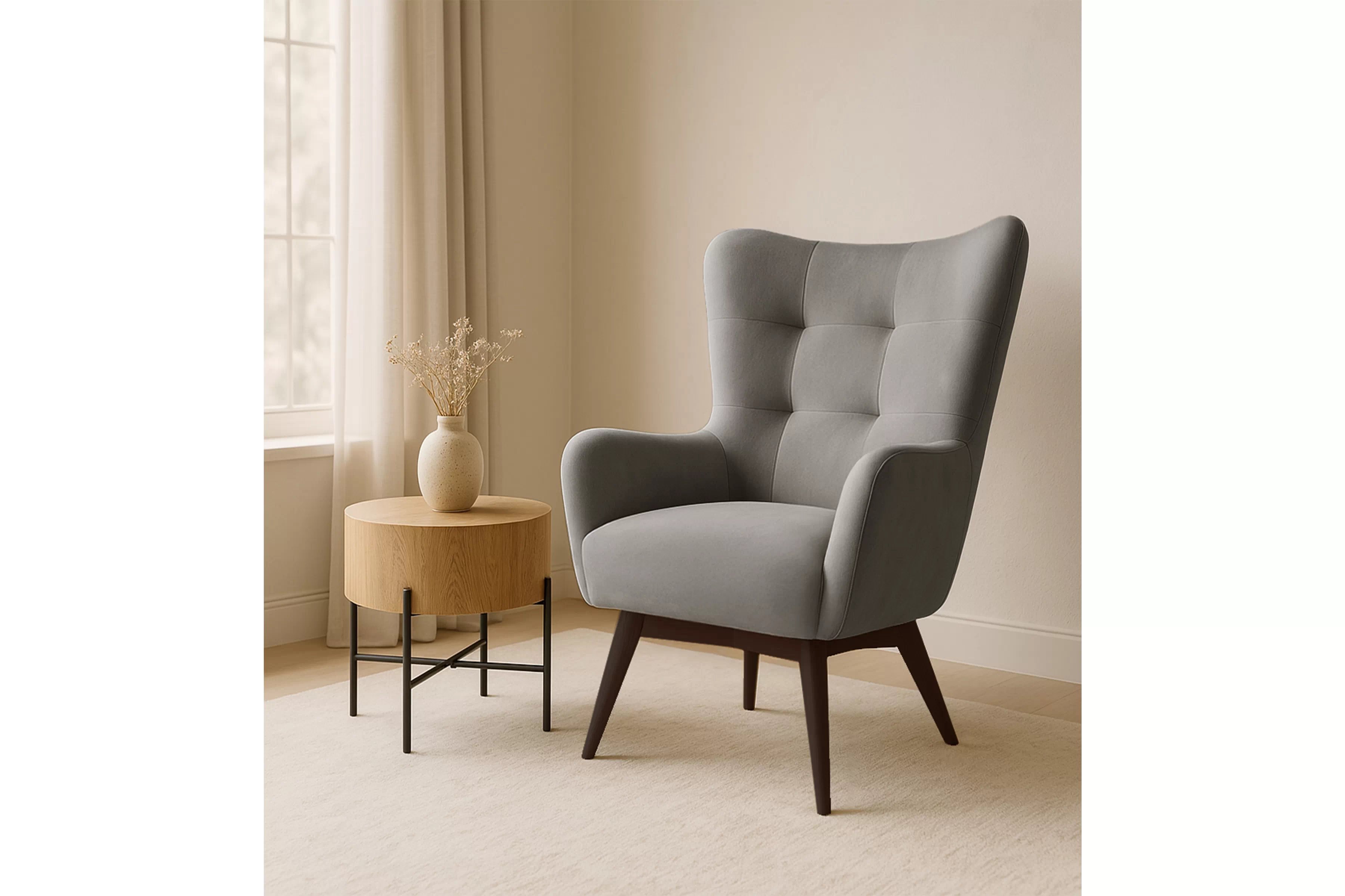 Kreslo ušiak Nordic – sivý ľahkočistiaci welvet Cloud 87 / nožičky venge Kreslo Ušiak Škandinávsky Nordic - šedý zamat ľahkočistiaci Cloud 87 / Venge 