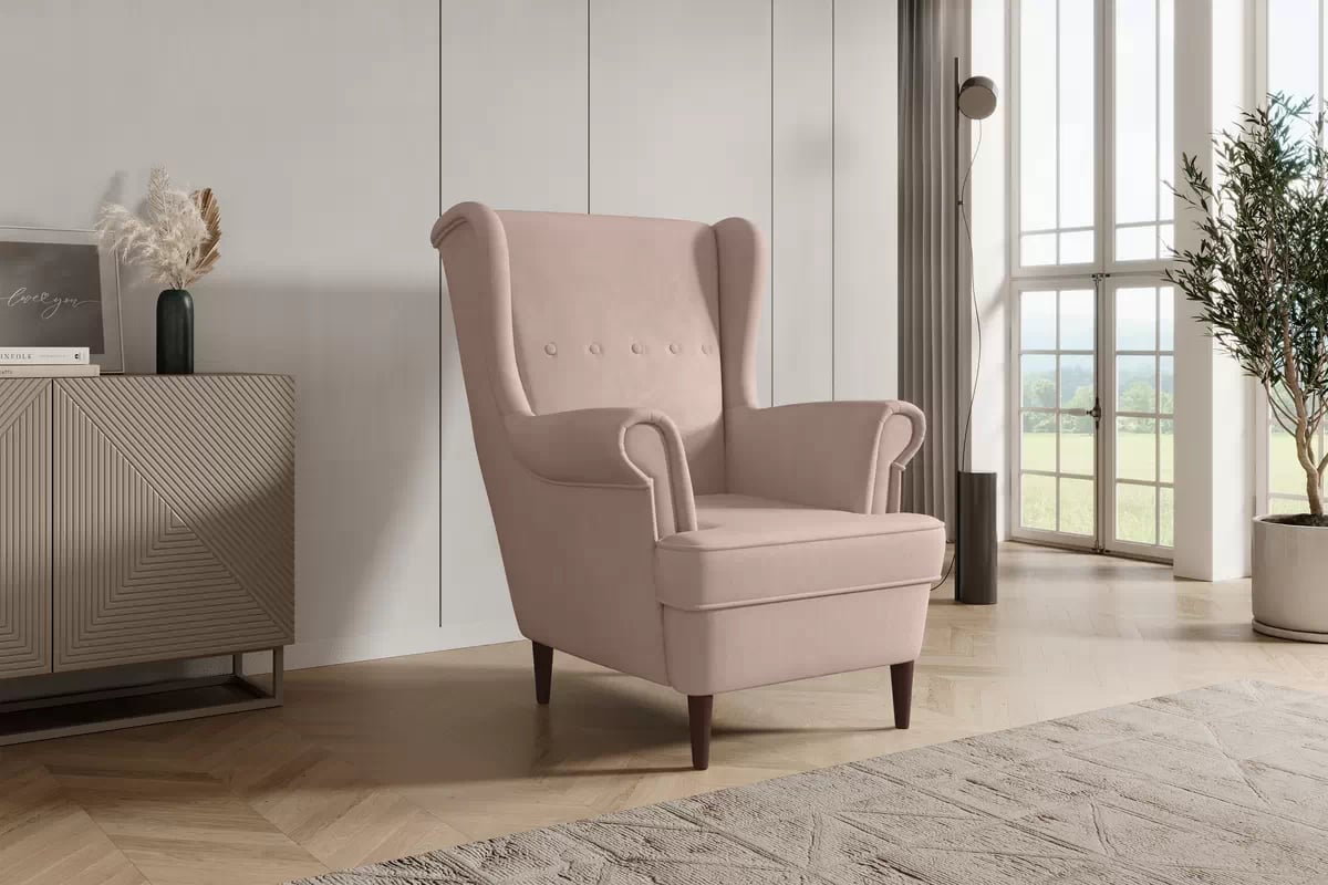Křeslo ušák Vilano - růžový hydrofobní samet Matt Velvet 61 / nohy venge Křeslo Ušák Vilano - Růžová samet hydrofobní  Matt Velvet 61 / Nohy Venge 