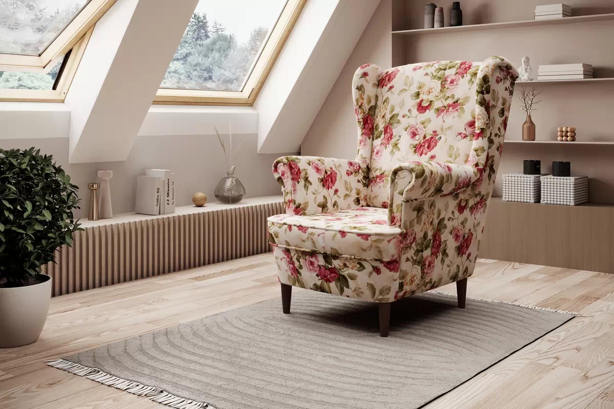 Kreslo Ušiak Vilano - látka drukowana kvetinový vzor Coral WM 82 / Nohy Venge Kreslo Ušiak Vilano - látka drukowana kvetinový vzor Coral WM 82 / nožičky Venge