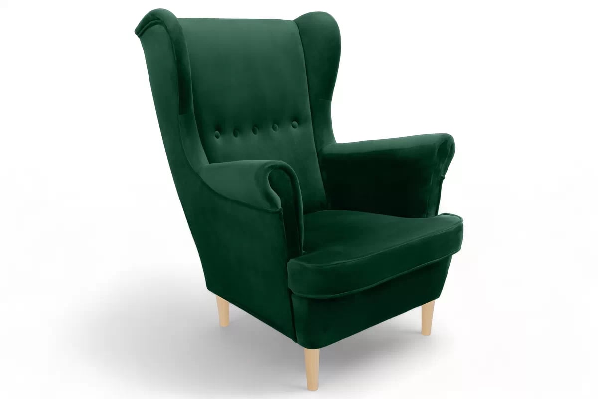 Křeslo ušák Vilano - lahvově zelený samet Bluvel 78 / nohy buk Křeslo Ušák Vilano - samet w butelkowej zieleni Bluvel 78 / Nohy buk 