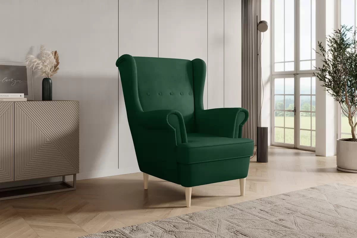 Křeslo ušák Vilano - lahvově zelený samet Bluvel 78 / nohy buk Křeslo Ušák Vilano - samet w butelkowej zieleni Bluvel 78 / Nohy buk 