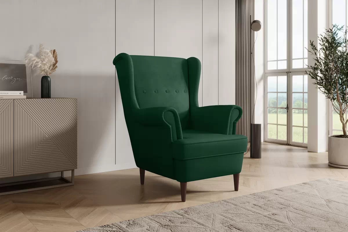 Křeslo ušák Vilano - lahvově zelená Bluvel 78 / nožky wenge Křeslo Ušák Vilano - samet w butelkowej zieleni Bluvel 78 / Nohy Venge 