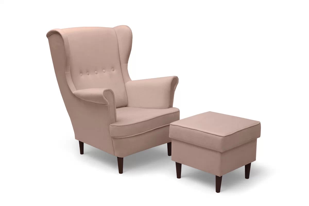 Křeslo ušák Vilano s podnožkou - růžový hydrofobní samet Matt Velvet 61 / nohy venge Křeslo Ušák Vilano z podnozkiem - Růžová samet hydrofobní  Matt Velvet 61 / Nohy Venge 