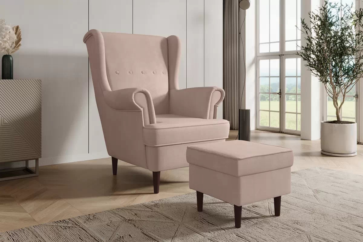 Křeslo ušák Vilano s podnožkou - růžový hydrofobní samet Matt Velvet 61 / nohy venge Křeslo Ušák Vilano z podnozkiem - Růžová samet hydrofobní  Matt Velvet 61 / Nohy Venge 