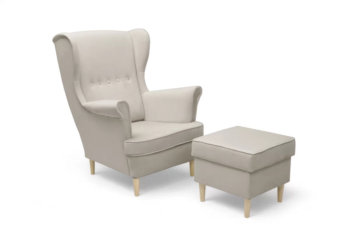 Křeslo ušák Vilano s podnožkou - béžová Velluto 2 / nožky buk Křeslo Ušák Vilano z podnozkiem - béžový samet Velluto 2 / Nohy buk