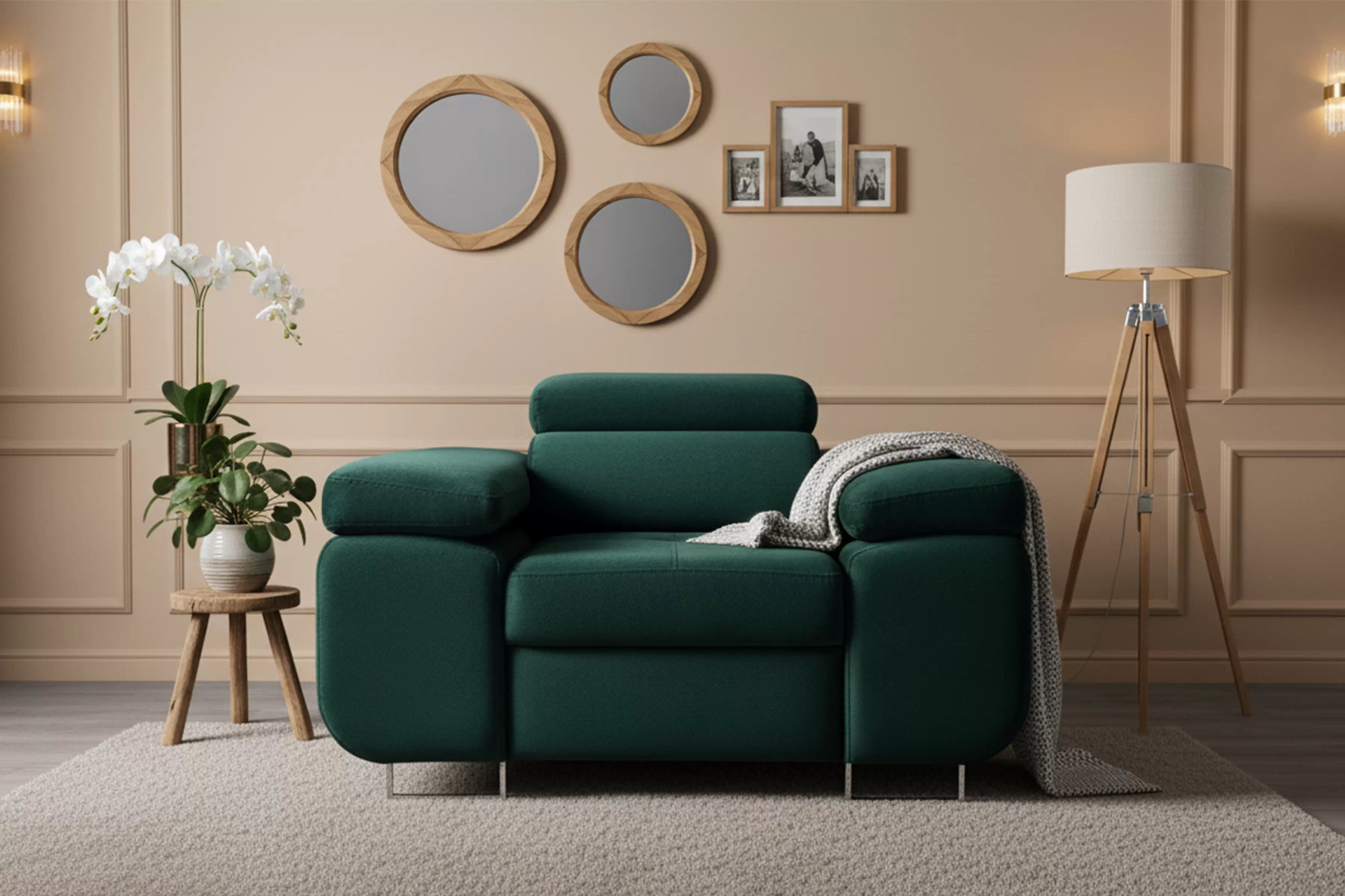 Relaxační křeslo Annabelle s nastavitelnou opěrkou hlavy - zelený samet Kronos 19 Křeslo čalouněná Annabelle z regulowanym zaglowkiem - zelená welwet Kronos 19