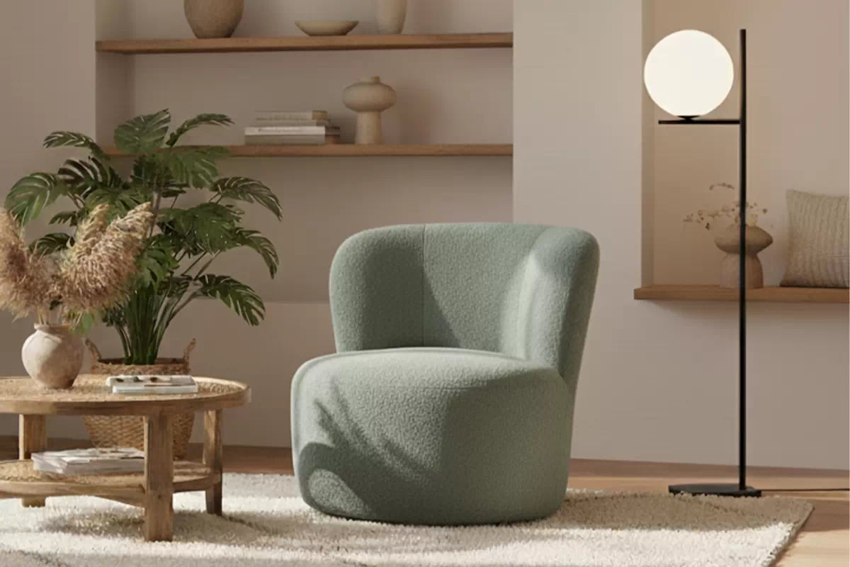 Relaxační křeslo Hygga otočné - zelená bouclé Catch Me 13 Křeslo čalouněná Hygga obrotowy - zielona boucle Catch Me 13