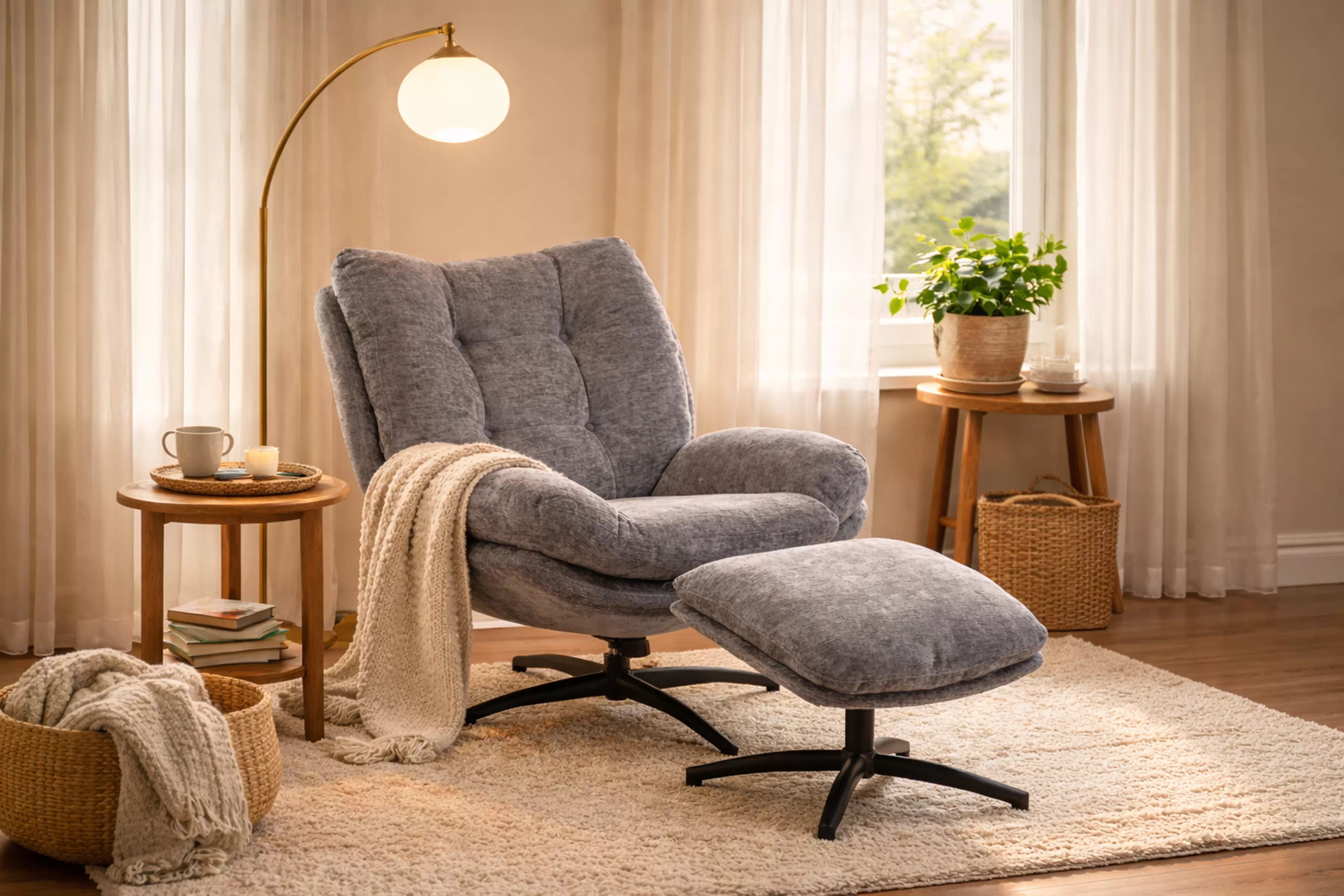 Hojdacie kreslo Opunio otočné s podnožkou - sivá tkanina Kreslo odpočinkové Opunio otočna z podnozkiem - šedá dzianina