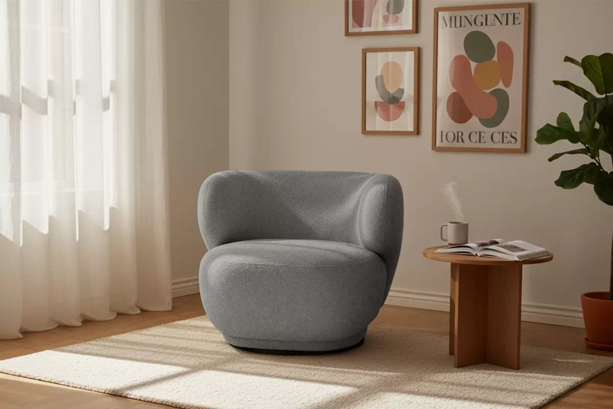 Relaxační křeslo Skindi otočné - šedá bouclé Catch Me 24 Křeslo čalouněná Skindi obrotowy - šedá boucle Catch Me 24