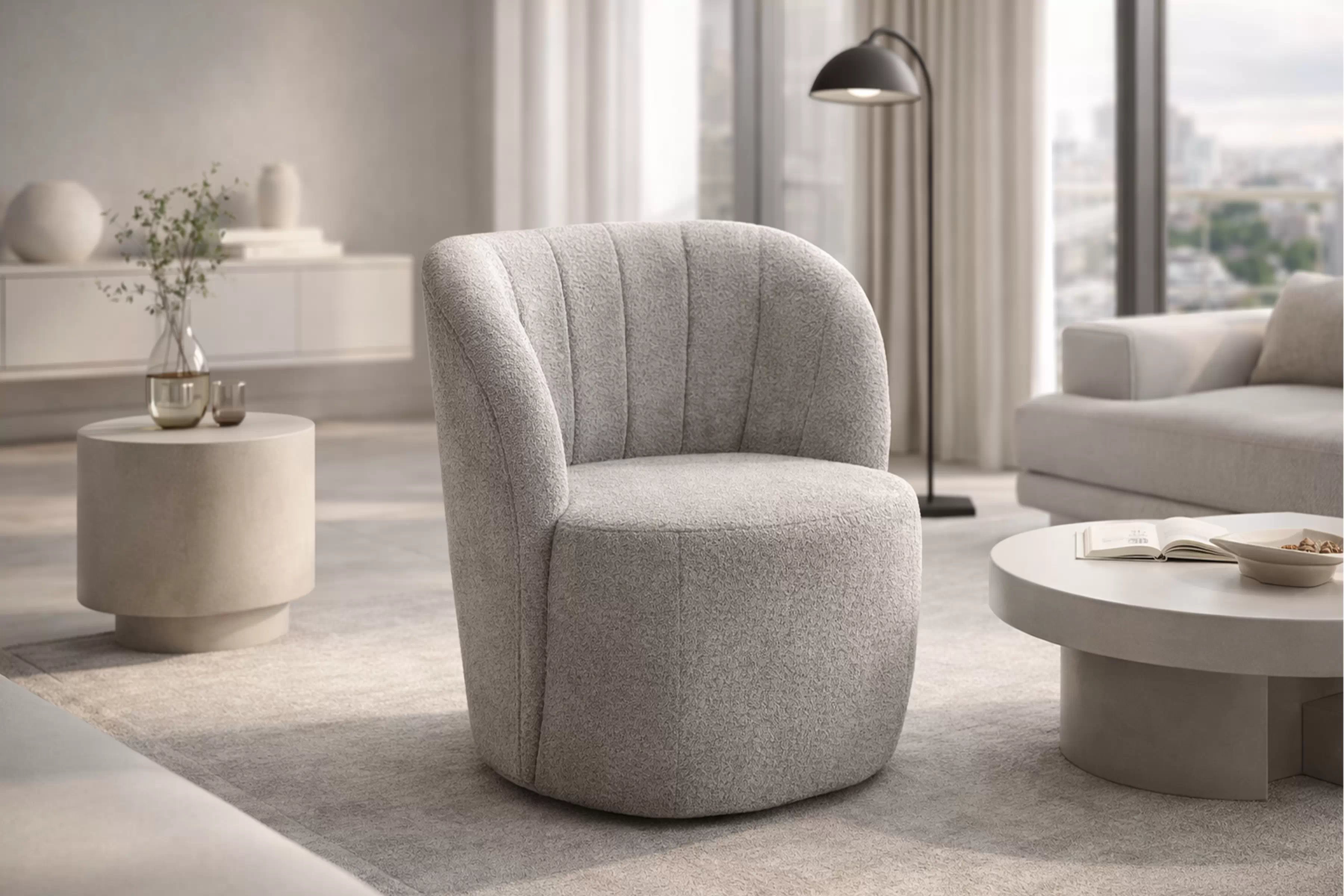 Sivý relaxačný otočný fotel Soya - boucle Catch Me 24 Kreslo odpočinkové Soya otočna - šedá boucle Catch Me 24