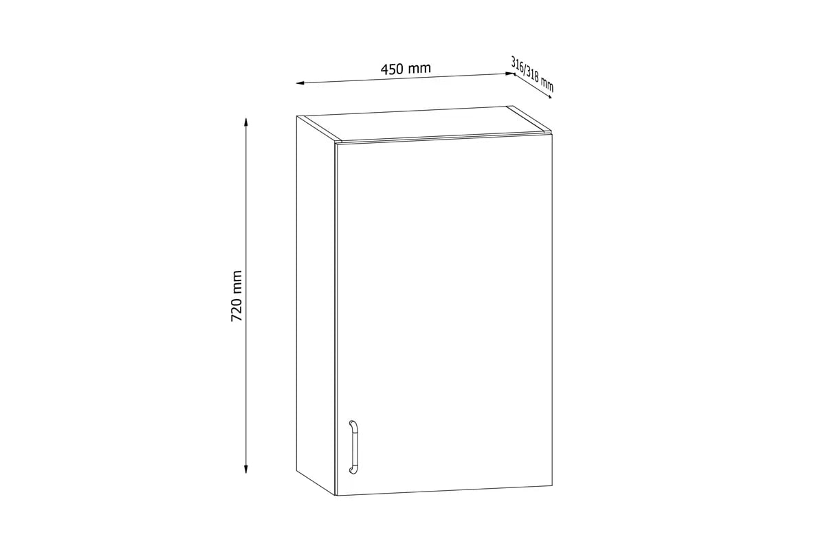 Horní kuchyňská skříňka Aspen G45 jednodveřová – bílý lesk Skříňka kuchyňská závěsná jednodveřová Aspen G45 - Rozměry