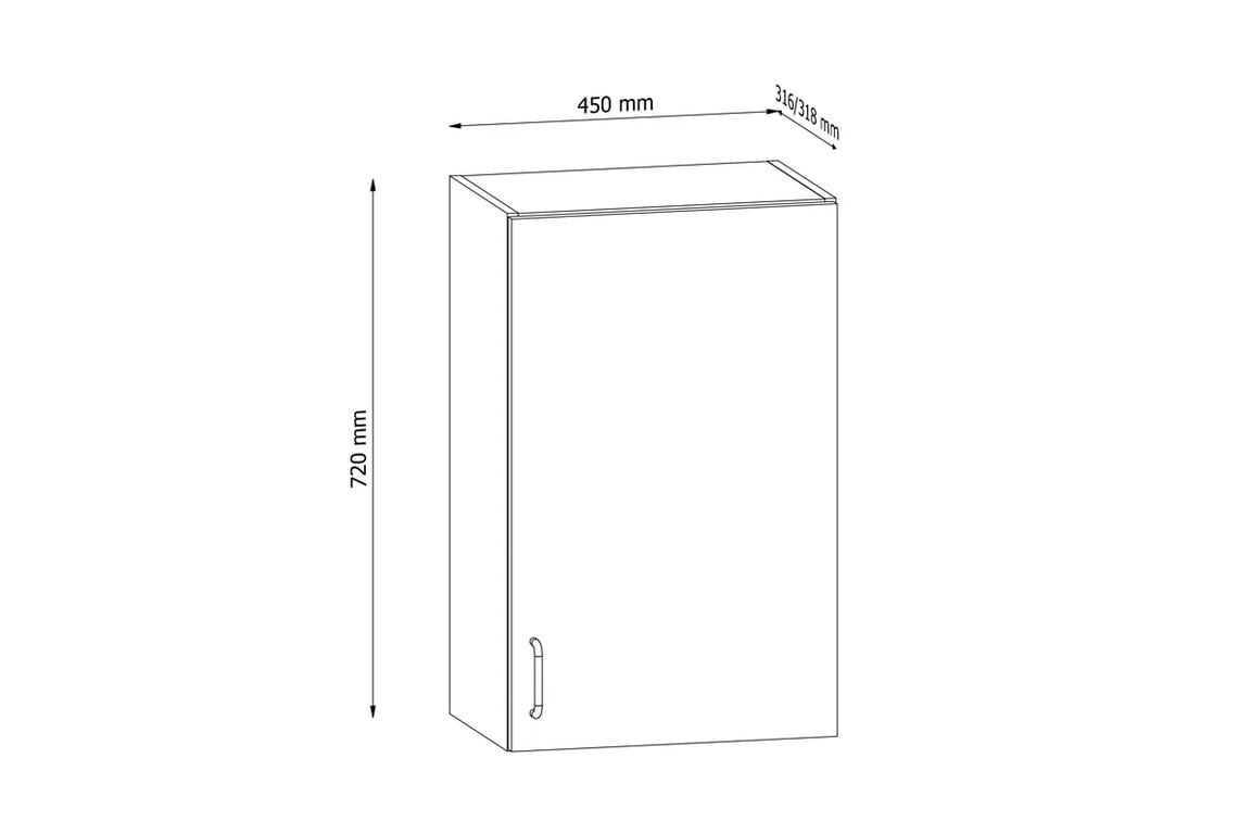Skříňka kuchyňská závěsná jednodveřová Aspen G45 - bílý lesk Skříňka kuchyňská závěsná jednodveřová Aspen G45 - Rozměry